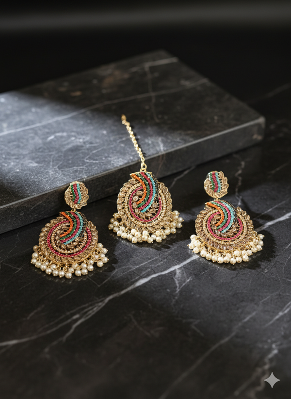 Rang Mahal Earrings and Teeka (Champagne)