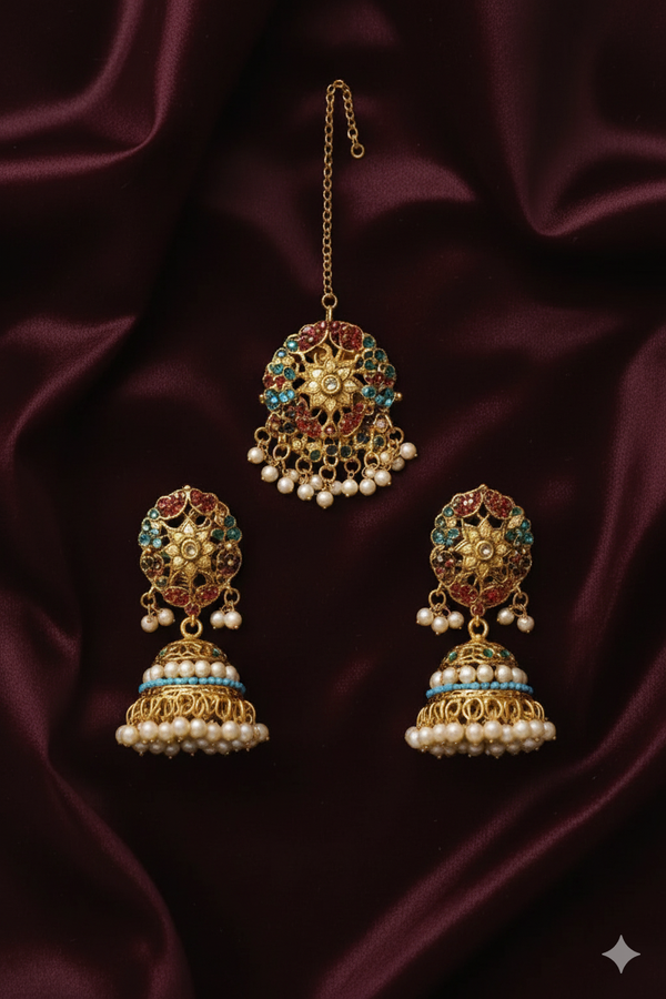 Navaratna Earrings with Teeka