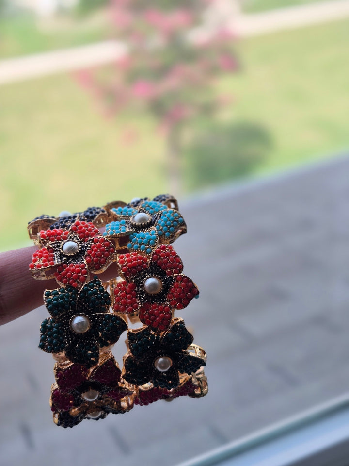 Navrattan Flower Bangle - Hoor Jewels