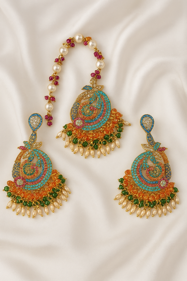 Royal Peacock Earrings and Teeka - Hoor Jewels