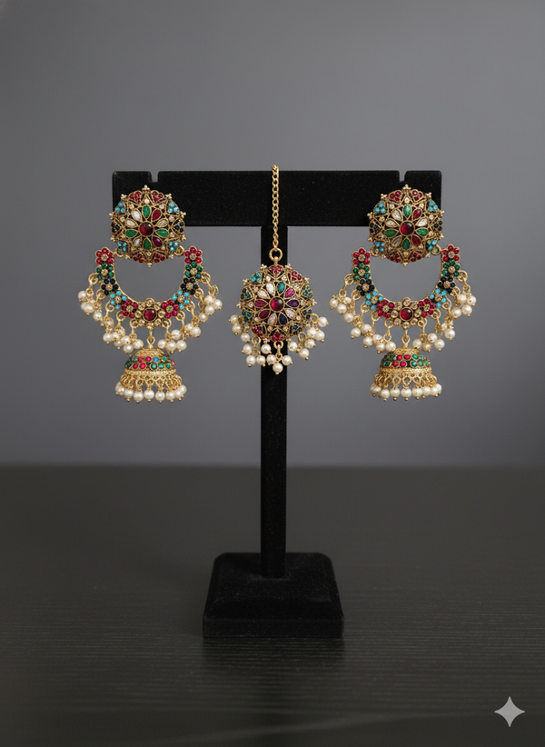 Royal Floral Jhumka and Maang Teeka Set