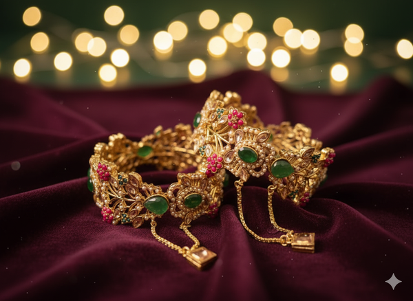 Emerald and ruby floral bangle