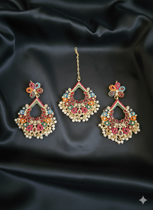 Sheesh Navaratan Earrings and Teeka