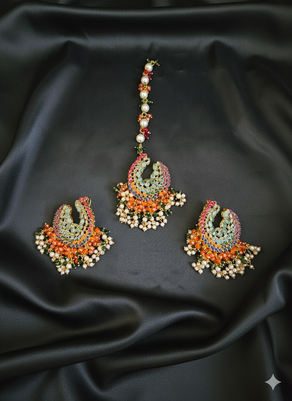 Pushpa Earrings and Mang Teeka Set (Multi color)