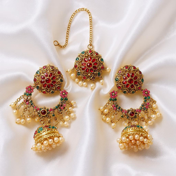 Royal Floral Kundan Jhumka and Maang Tikka Set - Hoor Jewels