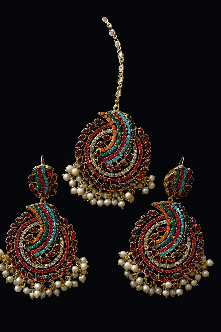 Rang Mahal Earrings and Teeka - Hoor Jewels