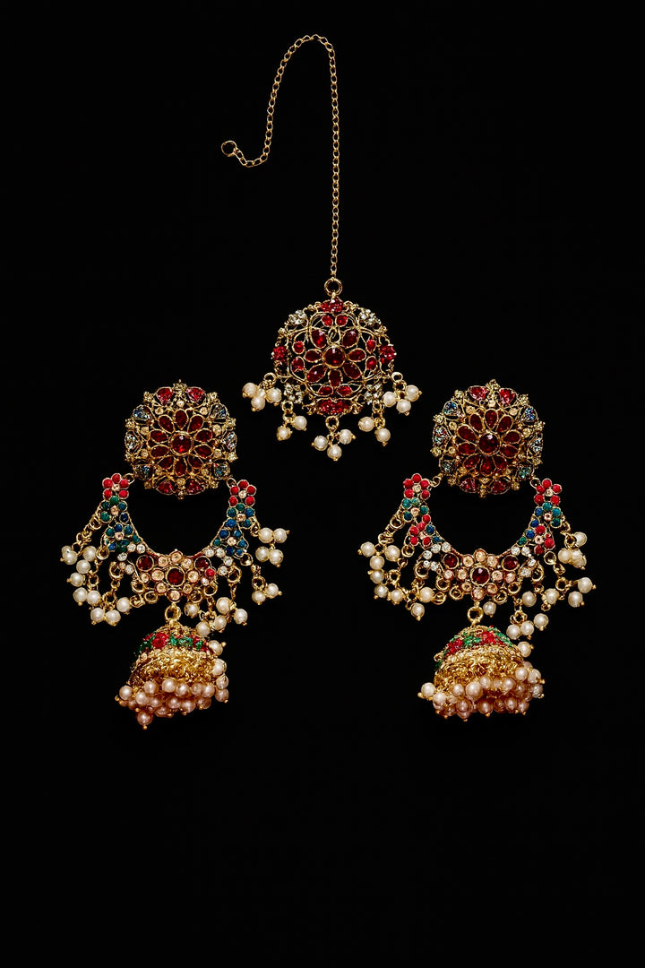 Royal Floral Kundan Jhumka and Maang Tikka Set - Hoor Jewels