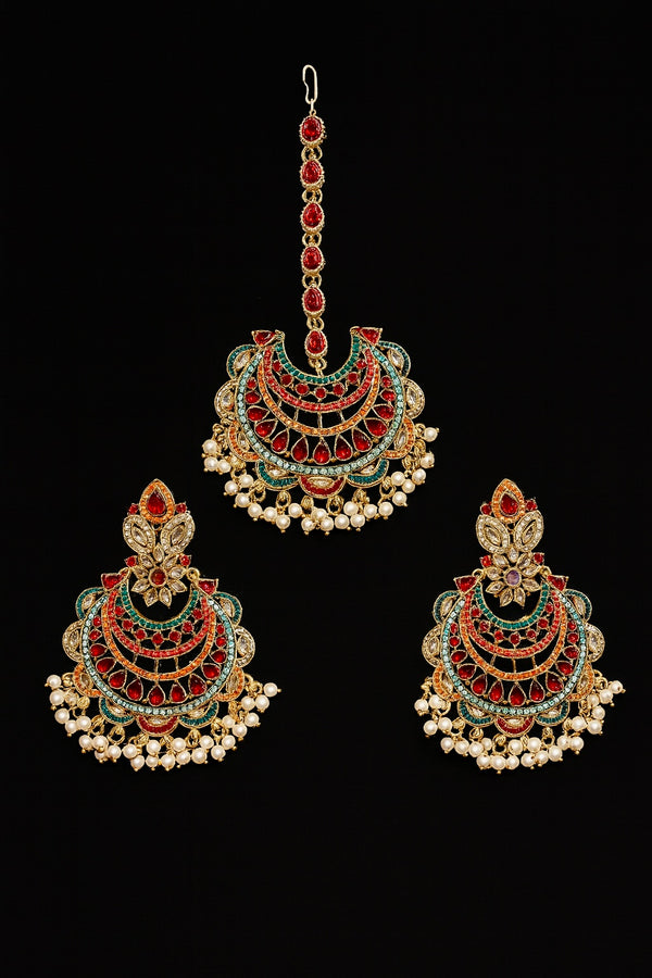 Original Navrattan Tikka and Earring Set - Hoor Jewels
