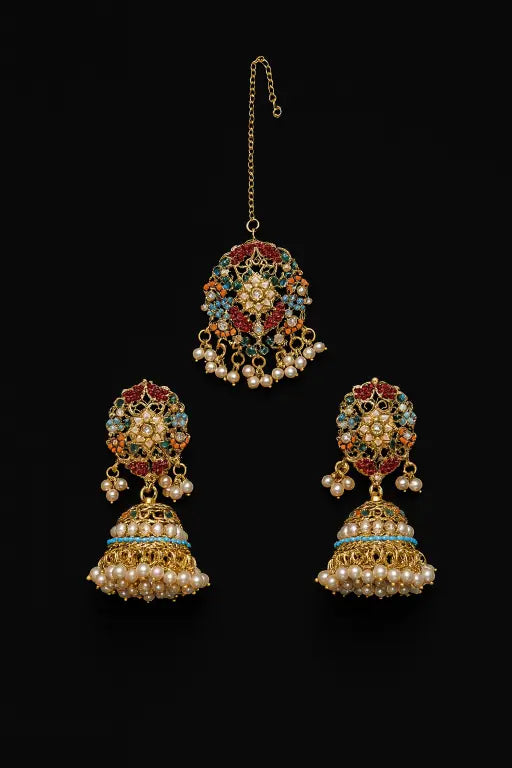 Navrattan earring with Teeka - Hoor Jewels