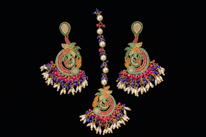 Peacock Motif Kundan Jhumka and Maang Tikka Set - Hoor Jewels