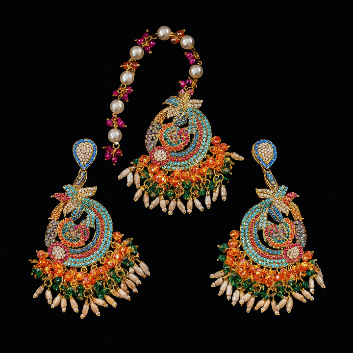Royal Peacock Earrings and Teeka - Hoor Jewels