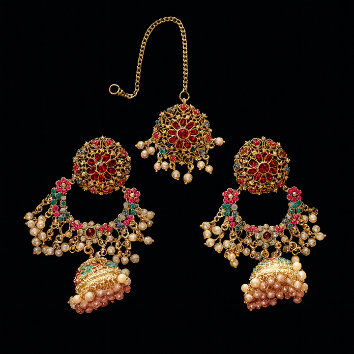 Royal Floral Kundan Jhumka and Maang Tikka Set - Hoor Jewels