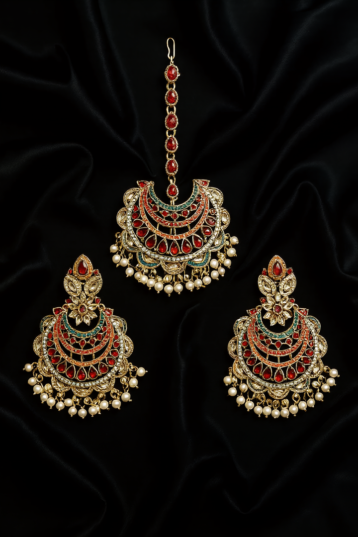 Original Navrattan Tikka and Earring Set - Hoor Jewels