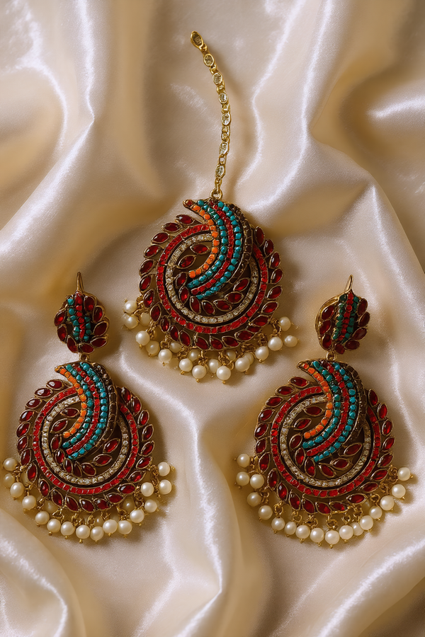Rang Mahal Earrings and Teeka - Hoor Jewels