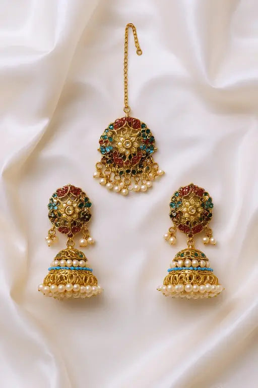 Navrattan earring with Teeka - Hoor Jewels