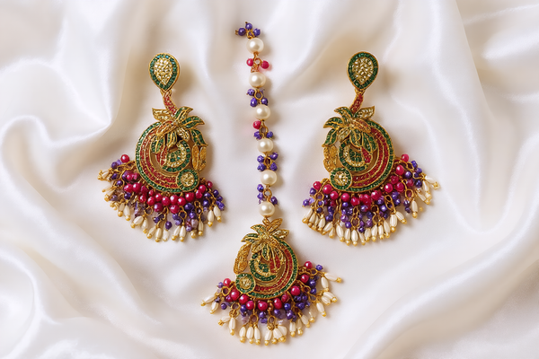 Peacock Motif Kundan Jhumka and Maang Tikka Set - Hoor Jewels