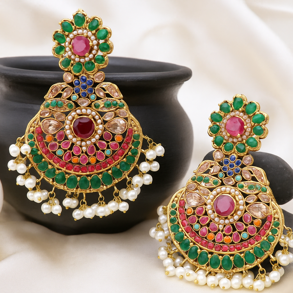 Royal Navrattan Earring - Green - Hoor Jewels